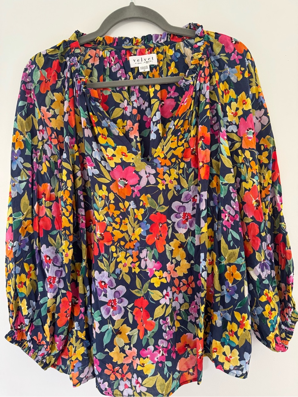 Velvet Navy Multicolor Floral V-Neck Blouse